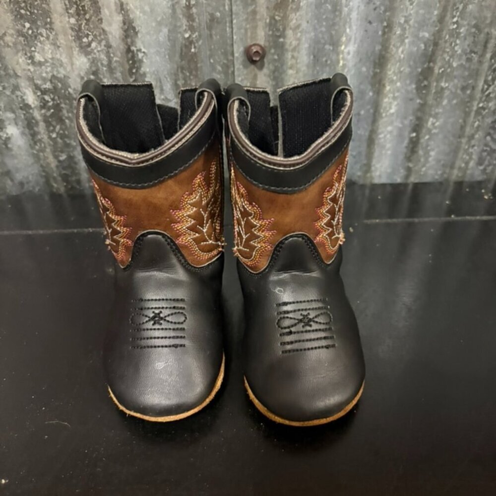 Kids Baby Cowboy Boots Western Embroidered Black Brown‎ Size 4